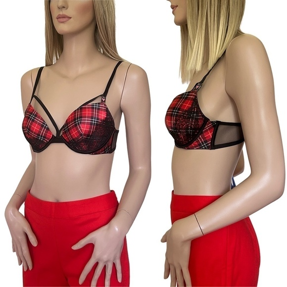 Victorias Secret Very Sexy Strappy Bra Lacy Tartan Plaid Padded Underwire Pushup - Picture 4 of 14